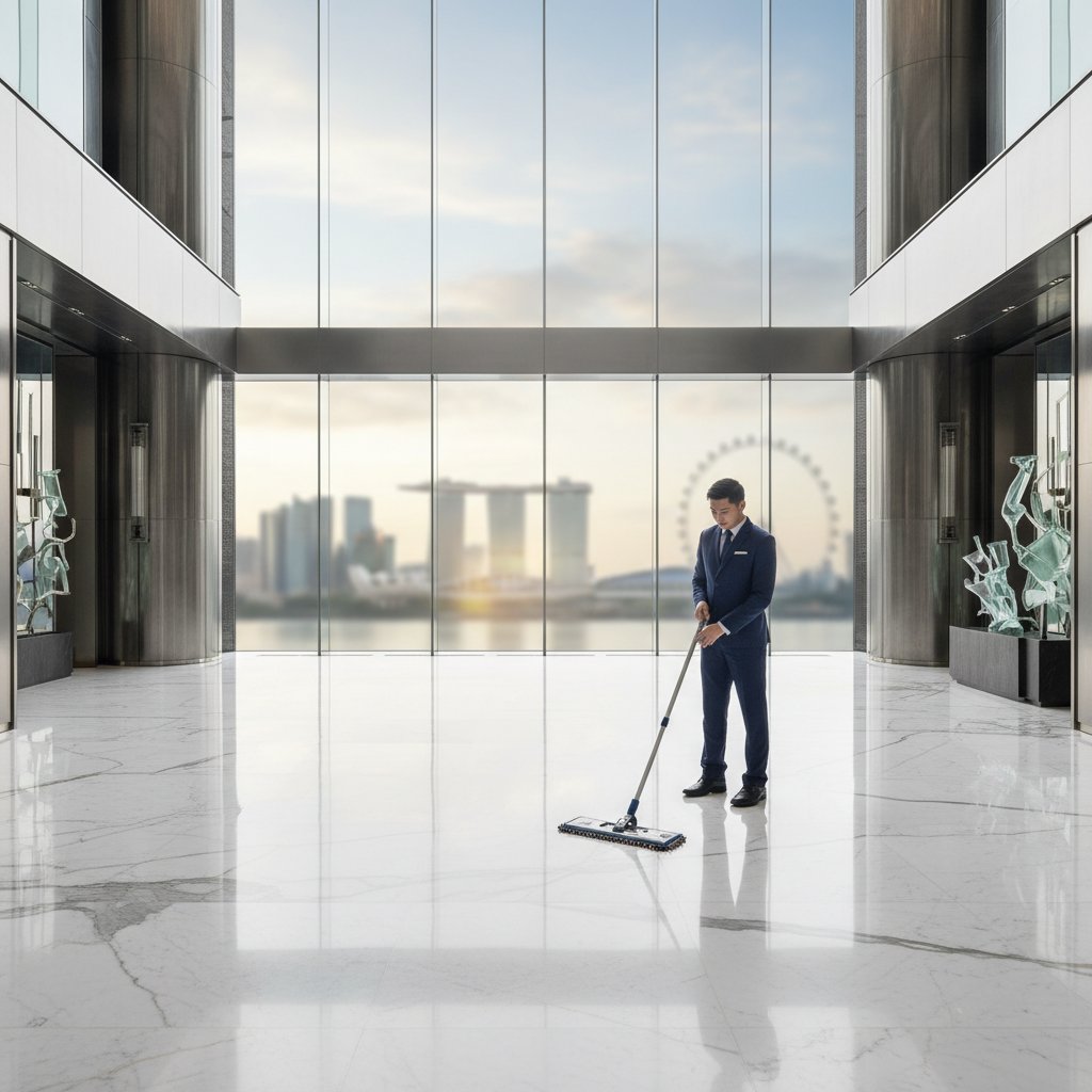 Professional cleaning team working in modern Singapore office space